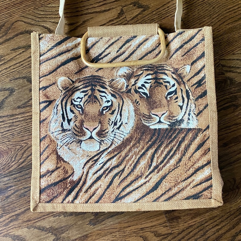 Vintage Tiger Print Jute Tote Bag in Tan and Black. Print on both sides.
